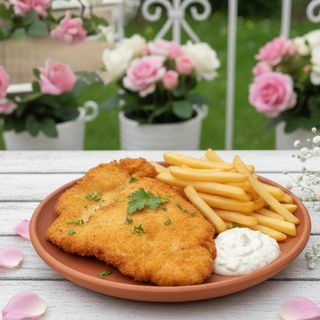 SNITEL DE PUI CU CARTOFI PRĂJIȚI ȘI SOS