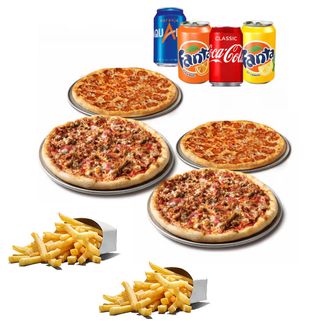 4 Pizzas medianas + 4 Bebidas + 2 Patatas