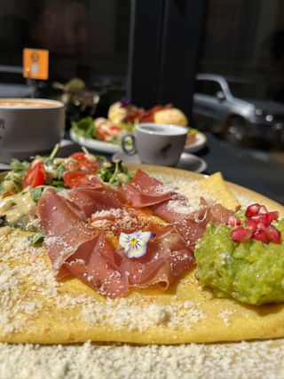 AVOCADO  SALTY  CREP WITH EGG  AND PROSCIUTTO