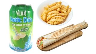 Rollo kebab tortilla, Woda kokosowa, frytki