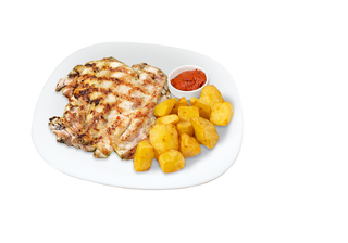 Пилешка пържола без кожа със сотирани картофки и лютеничка (350г)