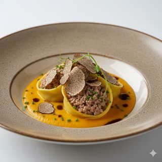 Tortelli ripieni di faraona su crema di zucca e tartufo nero