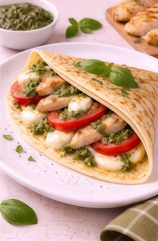 Naleśnik z grillowaną piersią z kurczaka, mozzarellą z pomidorami i sosem bazyliowym