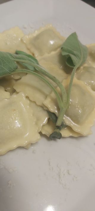 Ravioli ripieni di ricotta e spinaci in salsa alfredo