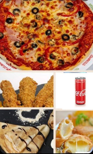 Box Family - Pizza Capriciosa, Crispy, Cascaval pane, Clatite , 2cola