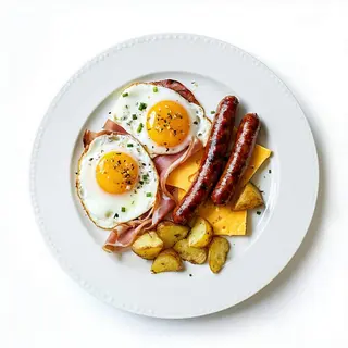 Plato Huevo, 2 Salchichas, Jamón York, Queso y Patatas