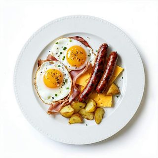 Plato Huevo, 2 Salchichas, Jamón York, Queso y Patatas