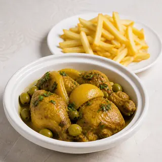 Tajine de poulet au citron et frites