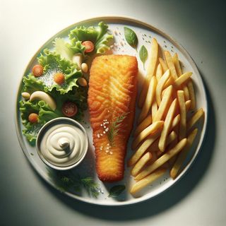 Dorsz panierowany z frytkami, surówkami, sos czosnkowy