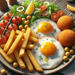 2 Huevos Con Patatas, Ensalada Y Croquetas