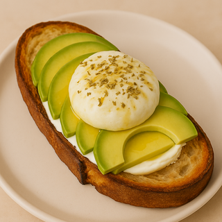 Tostada con queso crema,aguacate,huevo poché,aceite de oliva y orégano