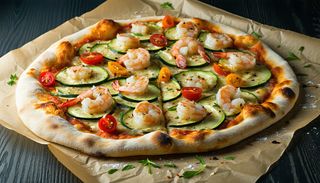 Pinsa cu Creveți, cremă de trufe și zucchine