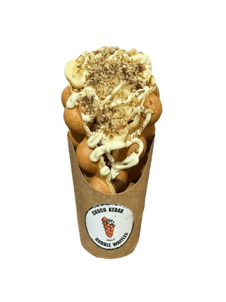 Bubble Waffle cu Nutella, banane, nuca, topping