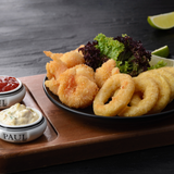 შემწვარი კალმარები და კრევეტები