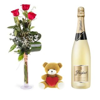 Tres Rosas Rojas + Osito Corazón (18 Cm.)