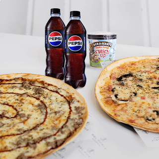 2 Pizzas + 2 Bebidas + 1 Helado