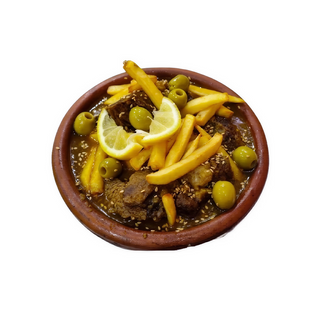 Tajine de ternera con patatas fritas y olivas