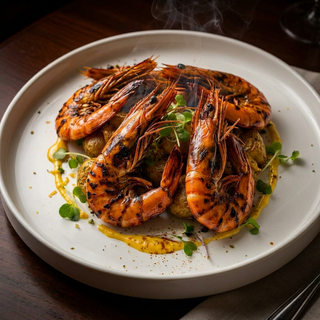 Creveti Mari Black Tiger pe pat de cartofi crocanti