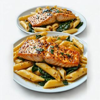 Pan-Seared Salmon On A Bed Of Pasta