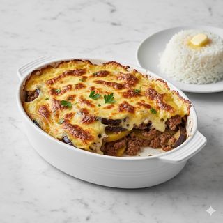 Musaka con arroz y carne