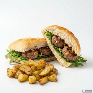 Panino con polpette di scottona e insalata + patate al forno