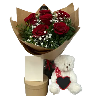 Pack Irresistible "Ramo de 6 Rosas + Peluche + Dedicatoria"