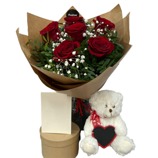 Pack Irresistible "Ramo de 6 Rosas + Peluche + Dedicatoria"