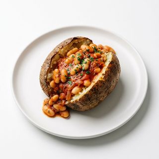 Patata al horno con alubias en tomate