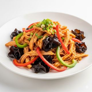 Pollo sfilacciato in salsa all'aglio e pomodoro 鱼香鸡丝