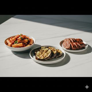 Pasta al sugo, melanzane arrostite e salsiccia