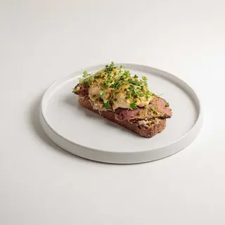 Pastrami Toast with Tuna Riet and Poached Eggs
