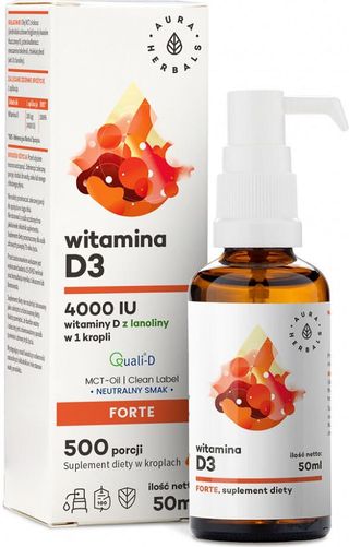 Witamina D3 D-3 4000 IU z lanoliny w kroplach 500 porcji 50 ml Aura Herbals