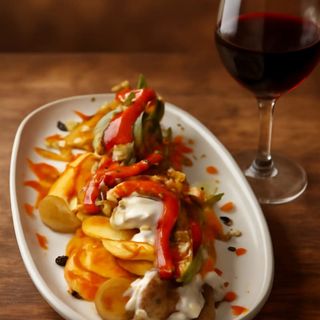 TACOS DE SOLOMILLO CON PIMIENTOS, PATATAS Y SALSA DE YOGUR