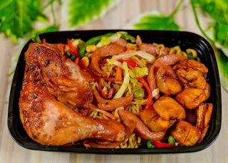 Noodles +oven grill chicken +plantain 