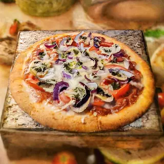 Mushroom and onion and eggplant vegetable pizza