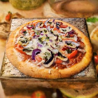 Mushroom and onion and eggplant vegetable pizza