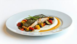 File de pastrav cu sote de vinete si mousse de telina