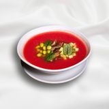  Cold tomato soup with avocado, shiitake, and edamame beans 