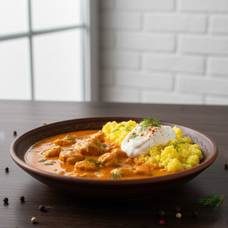 Papricas de pui cu  mămăliguţă şi smântână