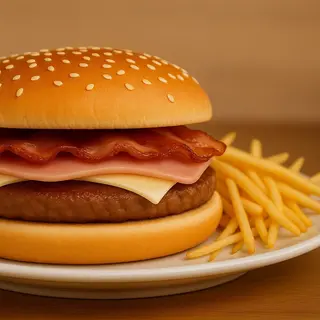 hamburguesa mixta de pollo con bacon y patatas