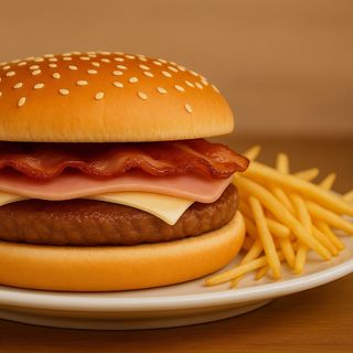 hamburguesa mixta de pollo con bacon y patatas