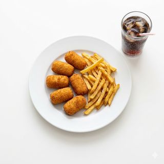 Croquetas, papas, refresco