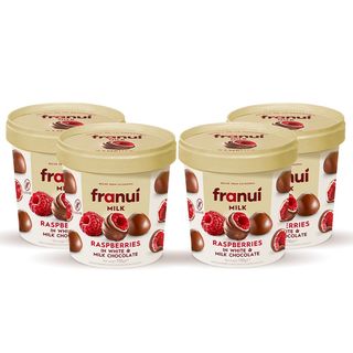 4x ფრანუი: ჟოლო ამოვლებული რძიან და თეთრ შოკოლადში; 150 გრამი