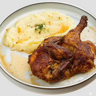 შემწვარი ქათამი (ნახევარი) კარტოფილის პიურეთი