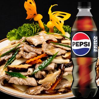 Meniu porc cu ciuperci, orez + Pepsi