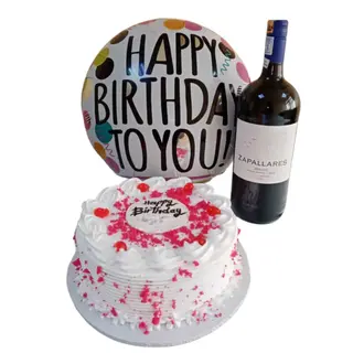 Birthday Ballon + Cake + wine