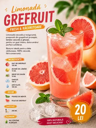 Limonadă Grefuit naturală • gheață • 250 ml