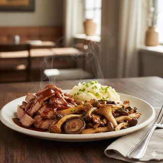 Свински жулиени със сотирани манатарки, гарнирани с пюре