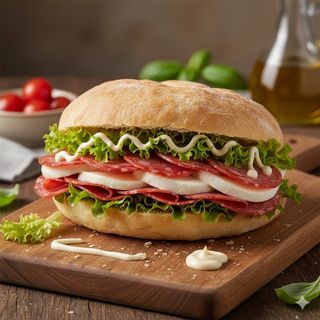 Puccia con salame piccante, mozzarella, insalata e maionese