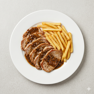 Escalopines de cerdo con salsa pimienta negra y patata frita